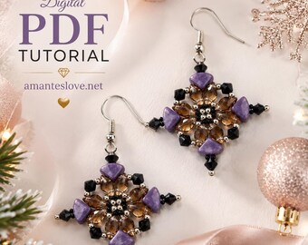 May include: A pair of beaded earrings featuring a star-shaped design with purple triangular stones, translucent brown oval beads, and small black faceted crystals. The text Digital PDF TUTORIAL and amanteslove.net is visible.