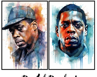 Jay Z Digital Art | Watercolor Portraits | Unique Pop Art Design | Instant Download | Set of 2