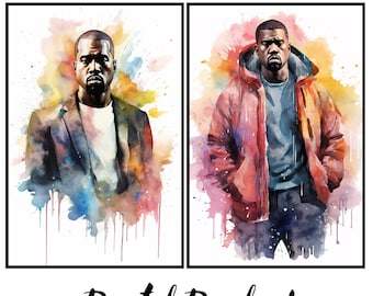 Kanye West Digital Art | Watercolor Portraits | Unique Pop Art Design | Instant Download | Set of 2