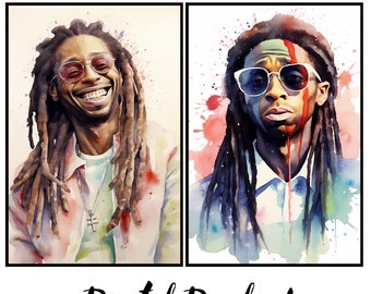 Lil Wayne Digital Art | Watercolor Portraits | Unique Pop Art Design | Instant Download | Set of 2