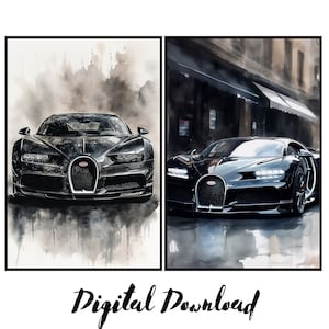 Może przedstawiać: Dwa akwarele przedstawiające czarny samochód sportowy Bugatti Chiron. Pierwszy obraz przedstawia samochód w mglistej scenerii, podczas gdy drugi obraz przedstawia samochód jadący ulicą miasta.