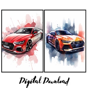 Arte digital de Audi RS7 / Impresión en acuarela / Póster de coche elegante / Descarga instantánea / Juego de 2