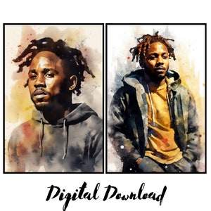 May include: Two watercolor paintings of a man with a beard and dark hair. The man in the left image is wearing a dark gray hoodie. The man in the right image is wearing a dark green jacket over a yellow shirt.