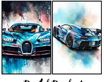 Bugatti Bolide Digital Art | Watercolor Print | Exhilarating Car Poster | Instant Download | Set of 2
