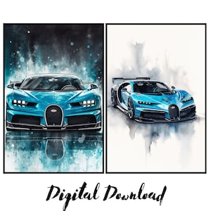 Może przedstawiać: Cyfrowa ilustracja niebieskiego Bugatti Chiron. Samochód pokazany jest w dwóch różnych stylach, jeden bardziej realistyczny, a drugi z efektem akwareli.