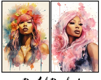 Nicki Minaj Digital Art | Watercolor Portraits | Unique Pop Art Design | Instant Download | Set of 2