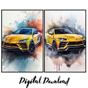 Könnte beinhalten: Zwei Aquarellbilder eines gelben Lamborghini Urus SUV. Die Autos sind in einem realistischen Stil mit Farbspritzern im Hintergrund gemalt.