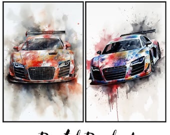 Audi R8 LMS Digital Art | Watercolor Print | Sleek Car Poster | Instant Download | Set of 2