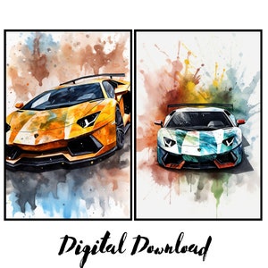 Lamborghini Aventador SVJ Digital Art | Watercolor Print | High-Quality Car Poster | Instant Download | Set of 2