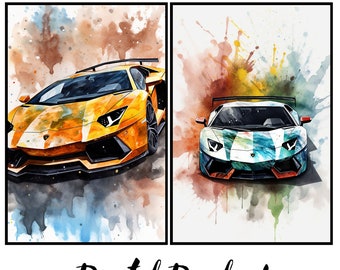 Lamborghini Aventador SVJ Watercolor Print | Car Poster Set (Digital Download)