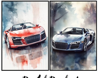 Audi R8 Spyder Digital Art | Watercolor Print | Sleek Car Poster | Instant Download | Set of 2