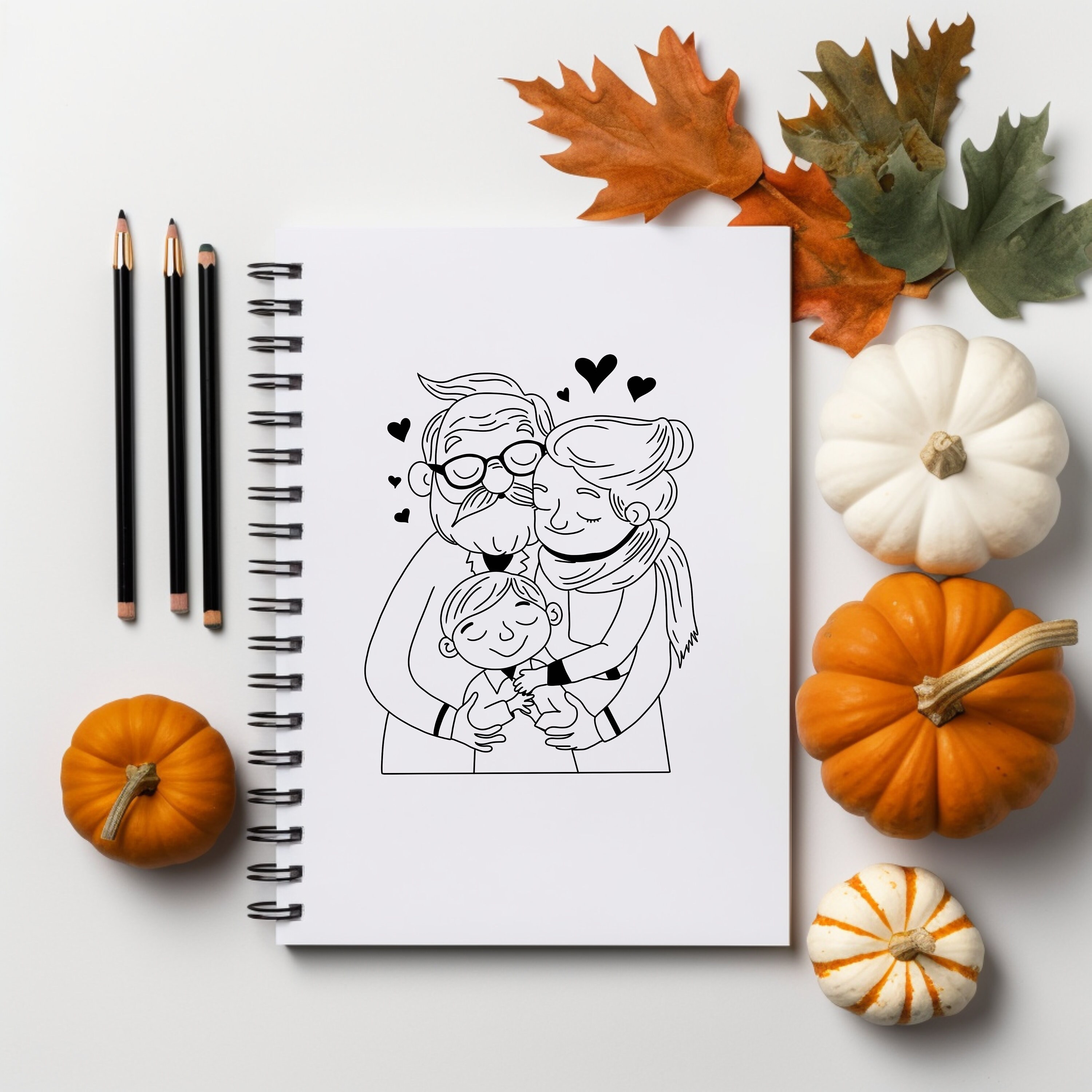 Grandparents Line Art Illustration: Grandma, Grandpa & Child