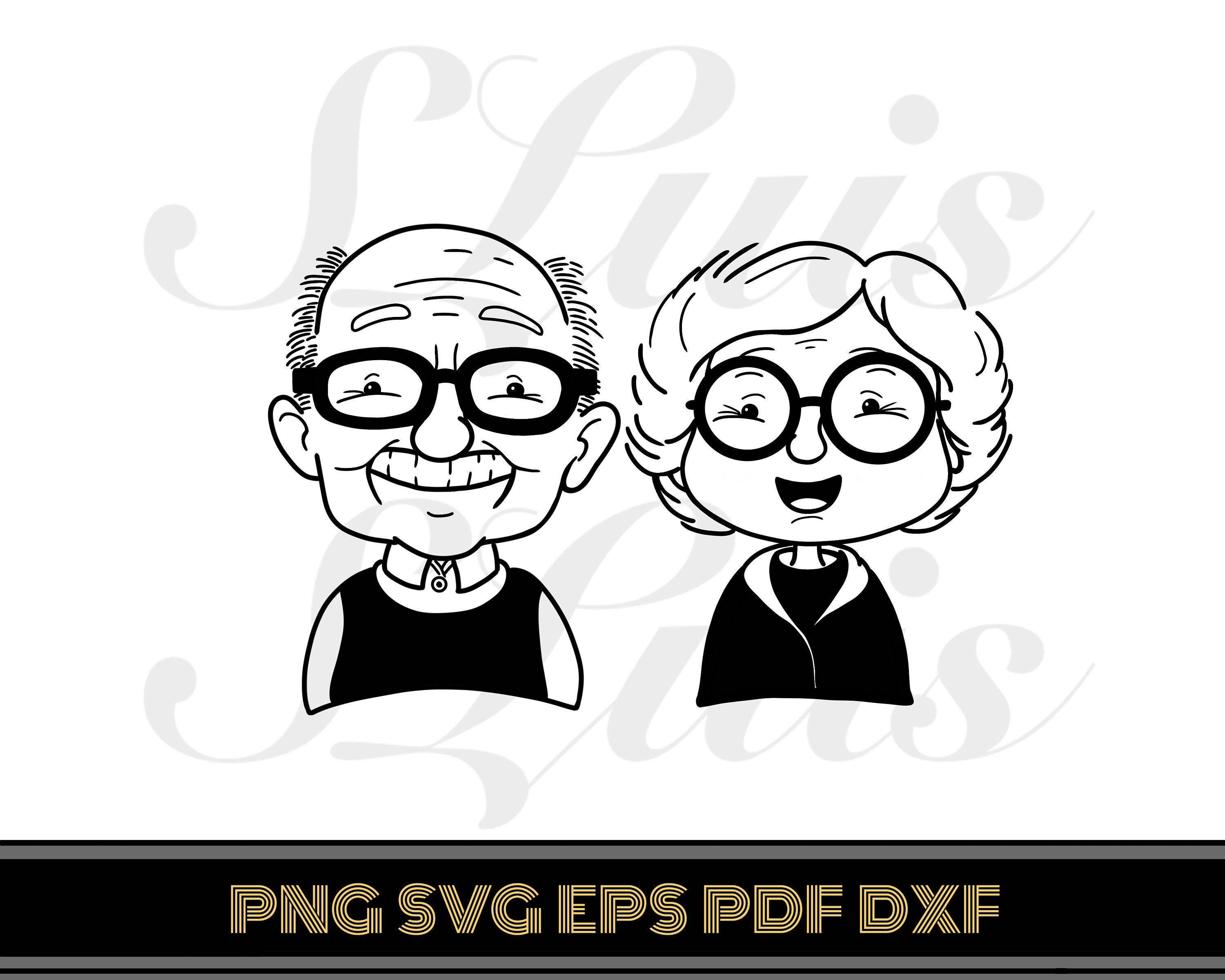Grandparents Day Line Art: Grandma and Grandpa Doodle (SVG, PNG