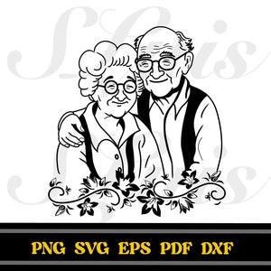 Abuela y abuelo, amor de abuela y abuelo, día de los abuelos, ilustración de línea de abuelos juntos, abuela y abuelo Doodle SVG PNG