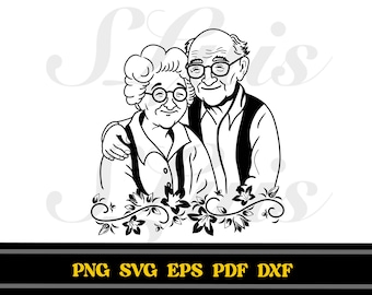 May include: Black and white line art illustration of an older couple, a man and a woman, standing close together. The woman is on the left and the man is on the right. They are both smiling. The man has his arm around the woman's shoulder. They are surrounded by a floral design.