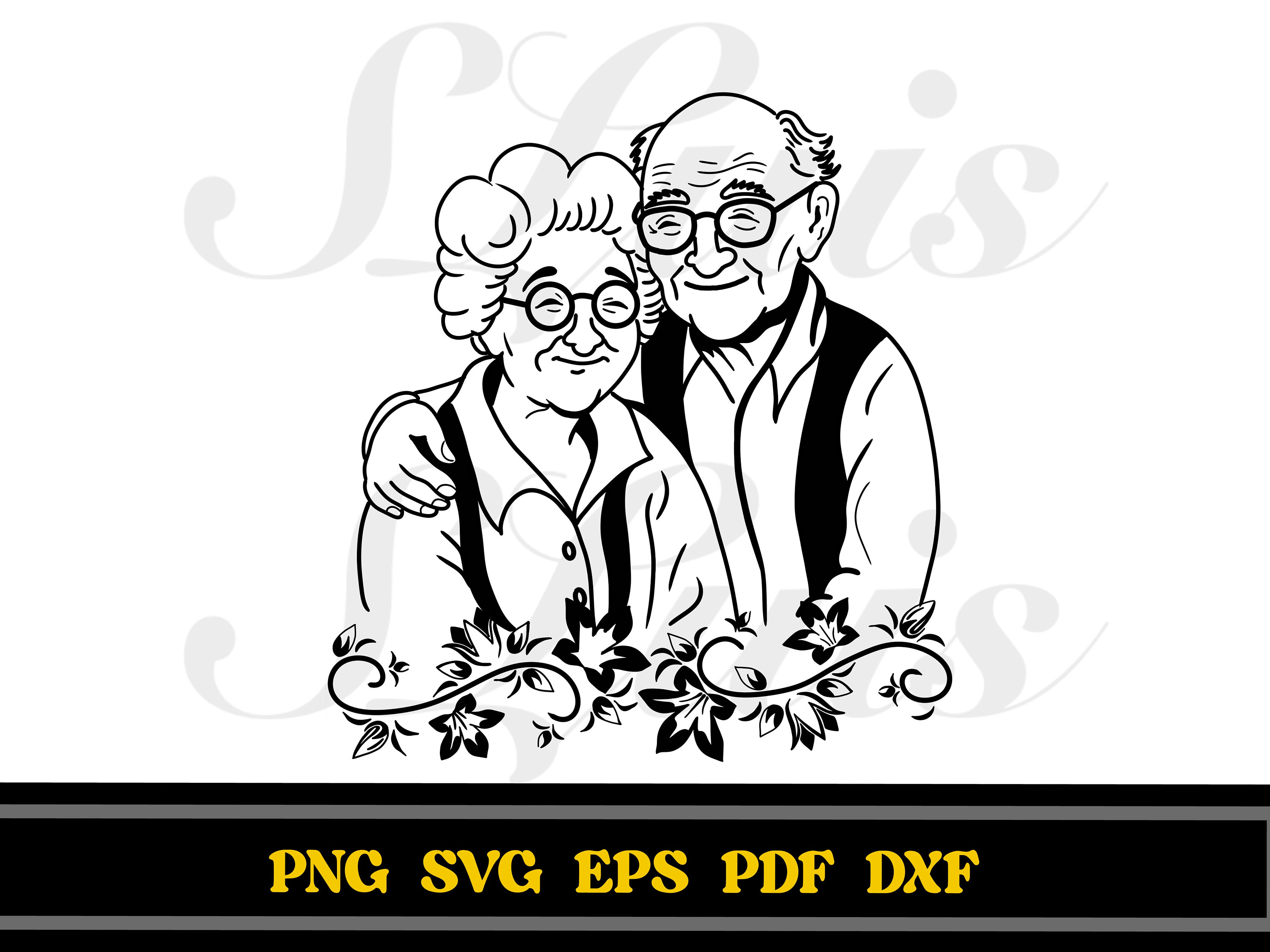 Grandparents Day Line Art: Grandma and Grandpa Doodle (SVG, PNG