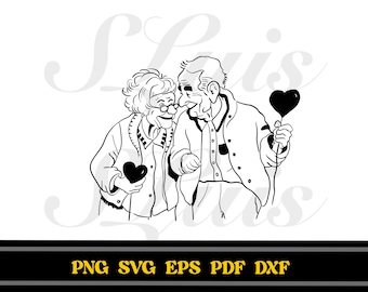 May include: Black and white line art illustration of an older couple holding hearts. The man is holding a heart-shaped balloon. The woman is holding a heart in her hand.