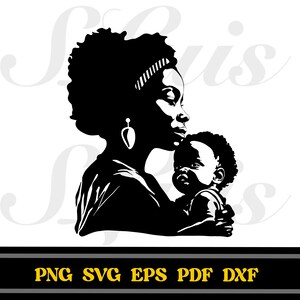 May include: Black and white silhouette of a woman holding a child. The woman is wearing a headband and earrings. The child is looking up at the woman.