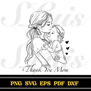 母と子の線画スケッチ、母と子の SVG PNG EPS Dxf および Pdf、母の日のデジタルダウンロード、昇華およびカッティングファイル