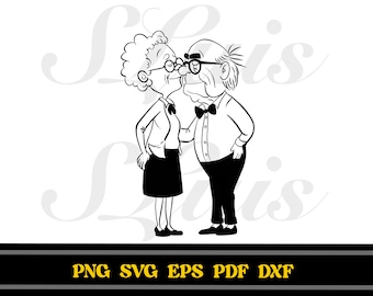 May include: Black and white line art illustration of an older couple kissing. The woman is wearing a dress and the man is wearing a shirt and pants. They are both smiling.