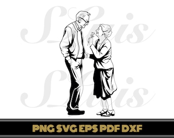 Grandparents Line Art Illustration: Grandma and Grandpa Doodle (SVG, PNG)