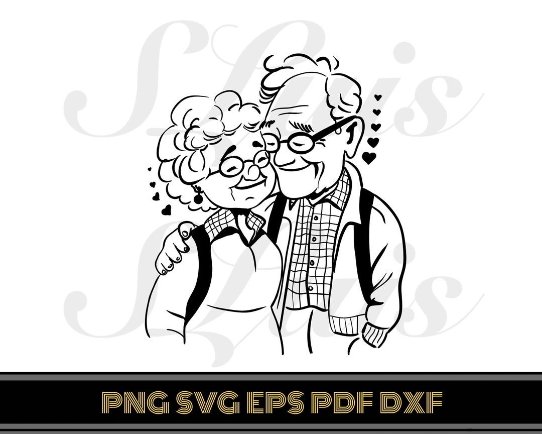 Grandparents Line Art Illustration: Grandma and Grandpa Doodle