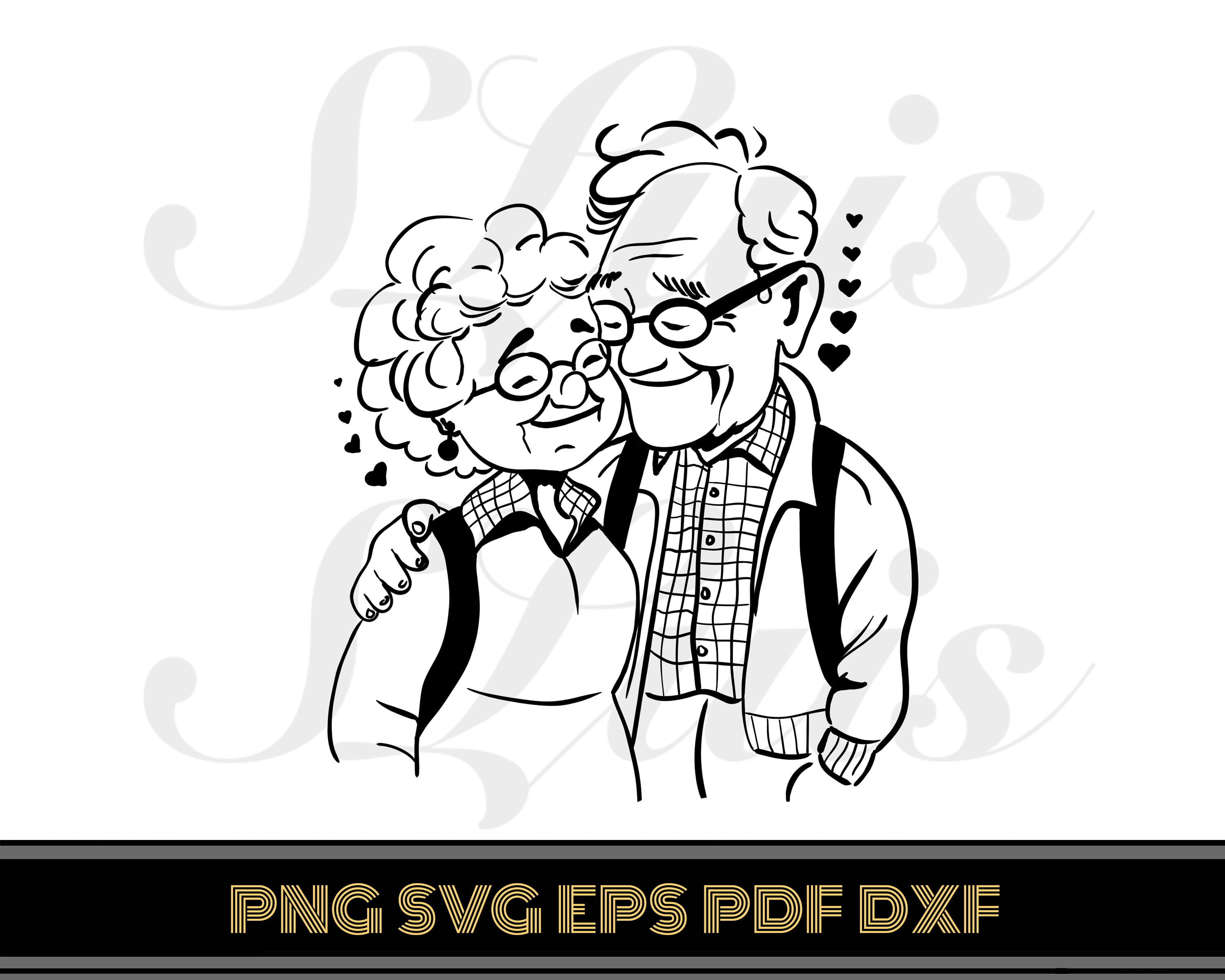 Grandparents Line Art Illustration: Grandma and Grandpa Doodle