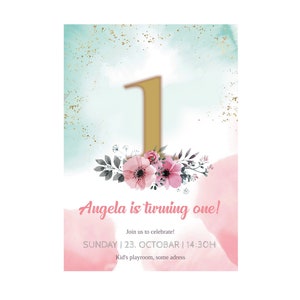 Baby Girl First Birthday Invitation Template | Printable | Pink | Princess
