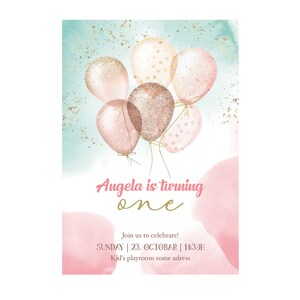 Baby Girl First Birthday Invitation Template | Printable | Balloons | Pink | Princess