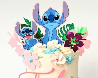 Stitch Cake Topper Package with Safari Jungle Hibiscus Leaves and optional Acrylic Name & Age charms