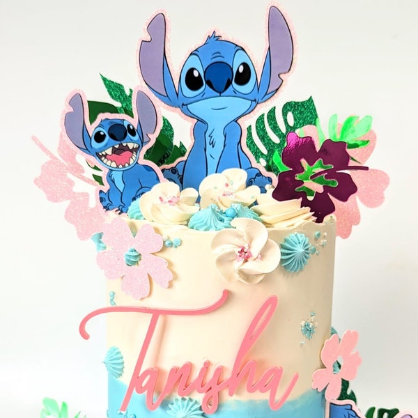 Stitch Cake Topper Package with Safari Jungle Hibiscus Leaves and optional Acrylic Name & Age charms