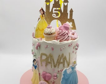 Princess themed edible prints with personalised castle topper and name charm  package