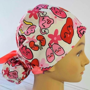 Euro ponytail scrub cap organs,surgical cap ponytail cute,pediatric gift,surgical cap smile,scrub hat medicine,organs smile scrub emoji