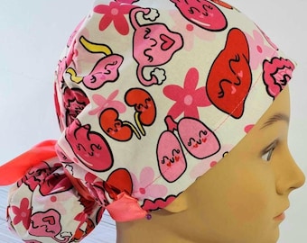 Euro ponytail scrub cap organs,surgical cap ponytail cute,pediatric gift,surgical cap smile,scrub hat medicine,organs smile scrub emoji