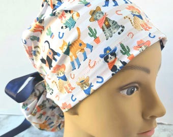 Western cat scrub cap,cowboy cat surgical cap,rodeo scrub cap kitties