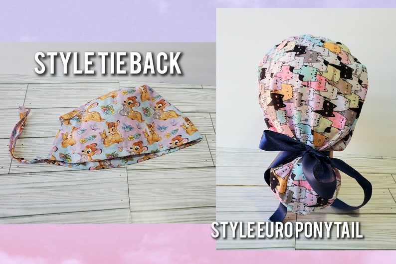 May include: Two surgical caps with different tie back styles. The cap on the left has a tie back and is made of a light blue fabric with a pink and white pattern of deer. The cap on the right has a euro ponytail style tie back and is made of a light blue fabric with a pink, white, and black pattern of cats.