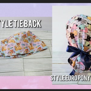May include: Two scrub caps. One is a tie-back style with a Bambi print in pastel colors. The other is a Euro ponytail style with a cat print in pastel colors. The text "STYLE TIEBACK" and "STYLE EURO PONYTAIL" are visible.