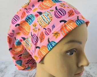 Fall Scrub cap pumpkin pink,pink pumpkin surgical cap,falls scrun cap autumn pink