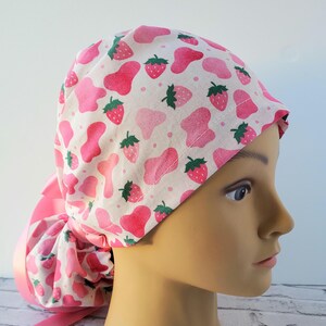 Euro ponytail scrub cap strawberry,surgical cap type ponytail flowers,pediatric nurse gift,surgical cap,scrub cap retro