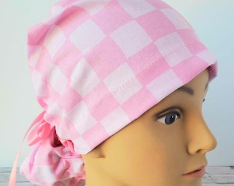 Euro ponytail scrub cap checkered pink,scrub cap retro pink,scrub cap checkers pink plaid