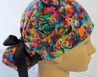 Euro ponytail scrub cap rainbow, tigger,surgical cap ponytail funny,pediatric gift,surgical cap,scrub cap rainbow,doctor gift,neon scrub