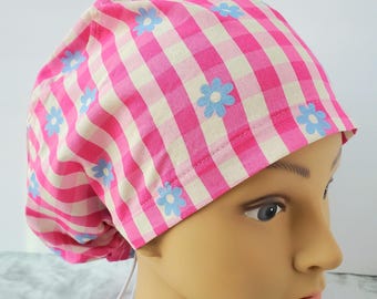 Patchwork Pink Floral Surgical Cap Type Ponytail Checkered Pink,nurse ...