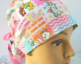 Euro ponytail scrub cap cat,surgical cap ponytail cute,pediatric nurse gift,surgical cap kitties,scrub cat kawaii,marie gift,scrub cap pink