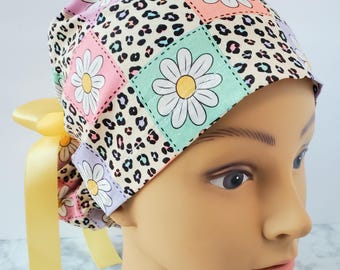 Euro ponytail scrub cap daisies groovy,surgical cap leopard,nurse gift spring,surgical cap,scrub cap retro