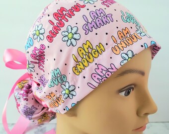 Bible affirmations scrub cap,Christian scrub cap pink,floral scrub cap affirmations,I m loved,I m strong
