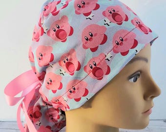 Euro ponytail scrub cap videogame,surgical cap ponytail funny,pediatric gift,surgical cap, doctor gift,kirby scrub cap stars