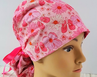 Lungs scrub cap floral pink Euro ponytail woman,tie back CRNA surgical cap,pneumology gift,scrub cap daisies pink nurse