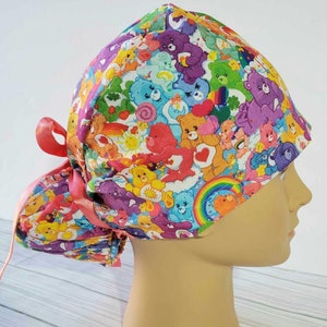 Euro ponytail scrub cap 80s inspired,surgical cap ponytail funny,pediatric gift,surgical cap,cartoons 80s,90s doctor gift,bears rainbow