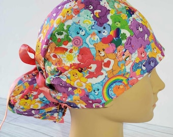 Euro ponytail scrub cap 80s inspired,surgical cap ponytail funny,pediatric gift,surgical cap,cartoons 80s,90s doctor gift,bears rainbow