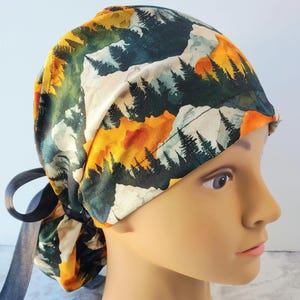 Mountains pines scrub hat surgery surgical cap OR washable cotton mens ties back,scrub cap europonytail trees pines